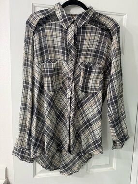 Free People Plaid Button-Up Shirt in Black, Cream, and Tan- Large